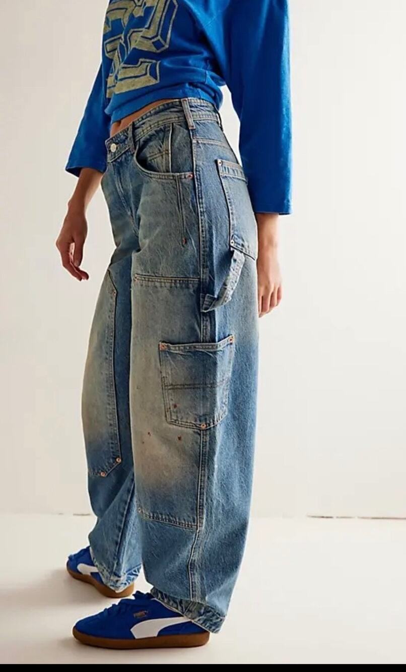 NWOT Free People Loren Carpenter Paint Splashed Barrel Jeans, 30